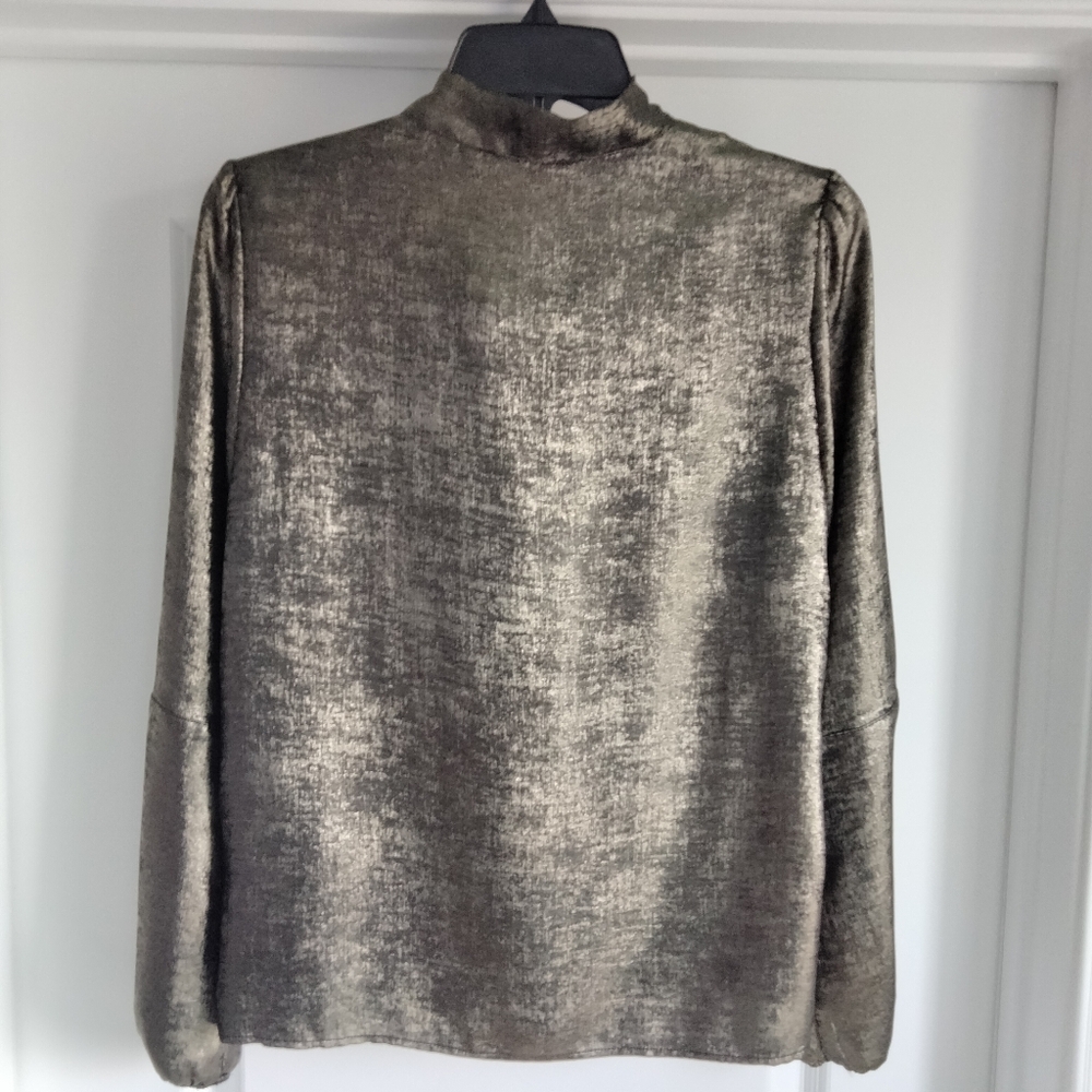 NWT PS DKNY Gold Metallic Tie Neck Long Sleeve Blouse Top NEW - Picture 2 of 12